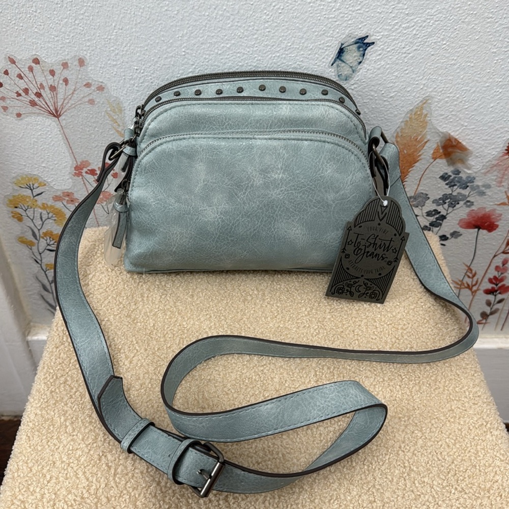 T-Shirt & Jeans Light Blue Studded Crossbody Handbag - Slate Blue - Picture 2 of 10